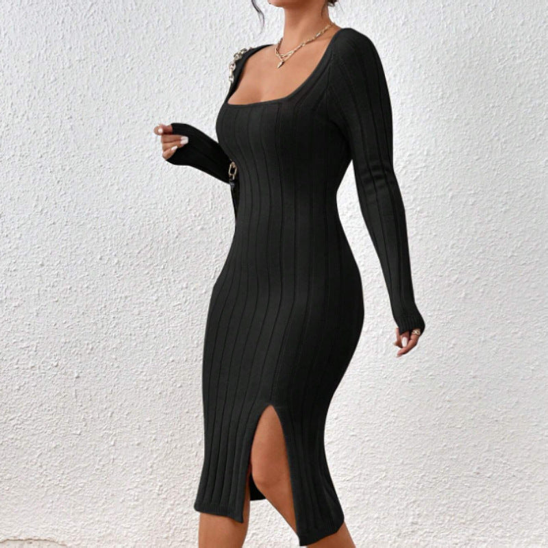 Abito Donna in Maglia a Maniche Lunghe con Collo Quadrato