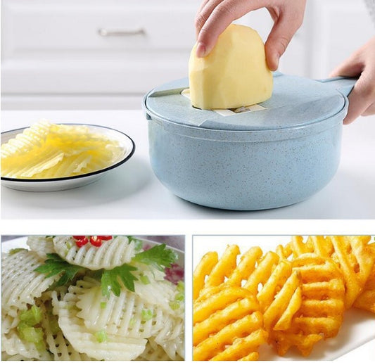 Mandolina 8 in 1 Multifunzione – Affettaverdure, Grattugia, Pela Patate, Tagliaverdure con Cestello Scolapasta