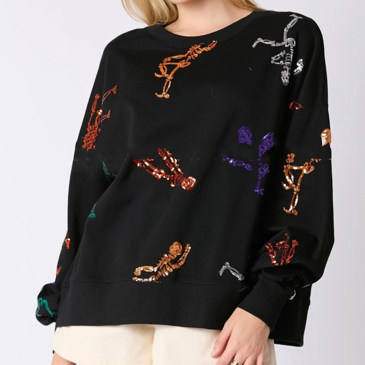 Maglione Donna Halloween con Teschio Paillettato – Vestibilità Ampia