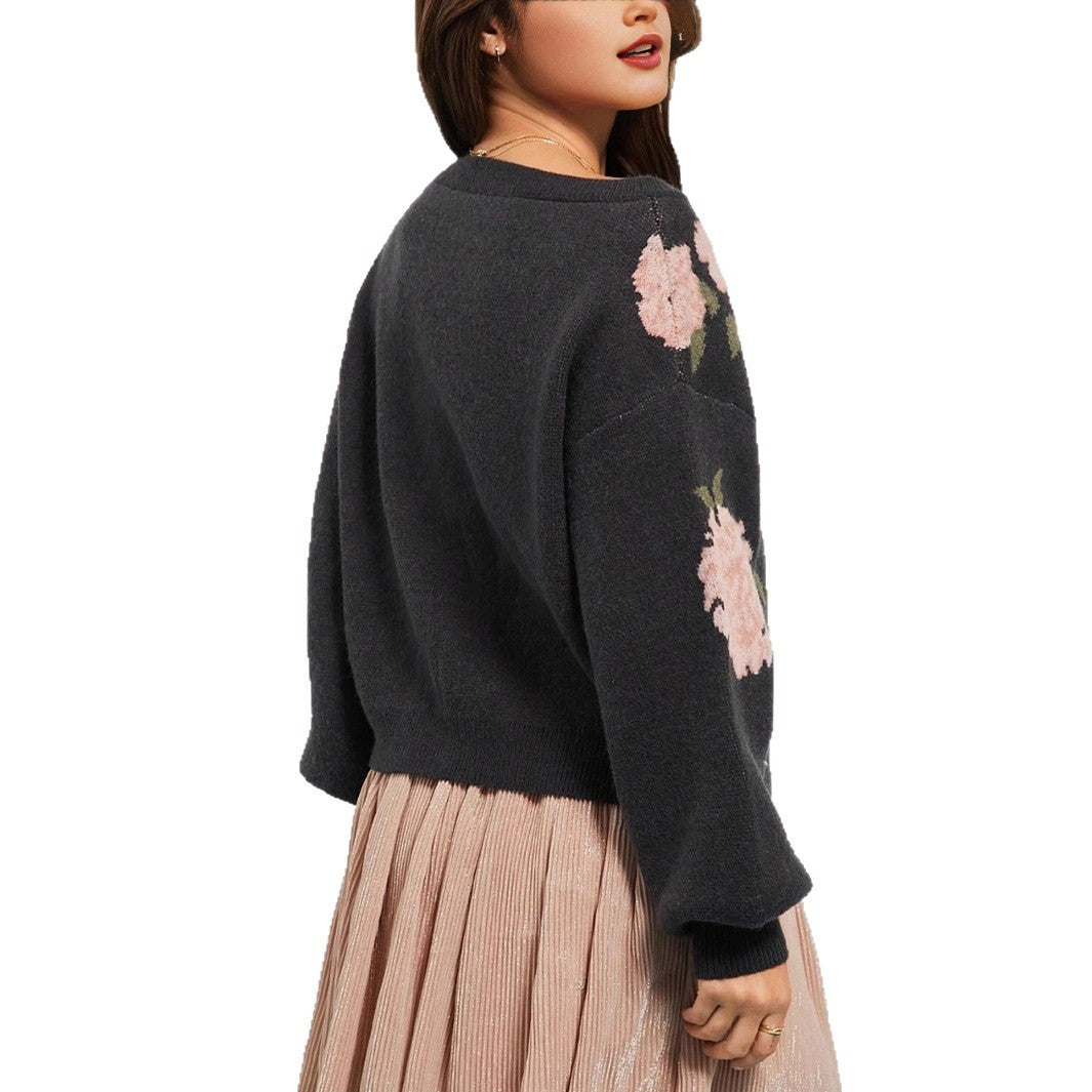 Maglione Donna Casual Oversize – Spalle Scoperte con Motivo Floreale Jacquard