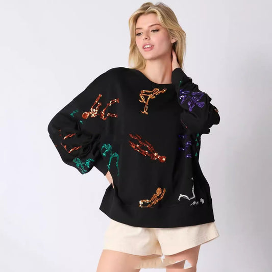 Maglione Donna Halloween con Teschio Paillettato – Vestibilità Ampia