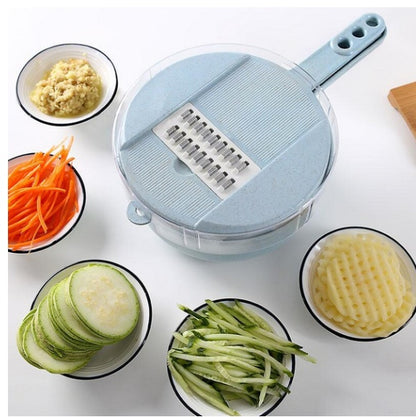 Mandolina 8 in 1 Multifunzione – Affettaverdure, Grattugia, Pela Patate, Tagliaverdure con Cestello Scolapasta