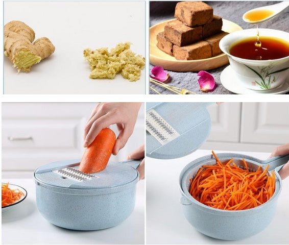 Mandolina 8 in 1 Multifunzione – Affettaverdure, Grattugia, Pela Patate, Tagliaverdure con Cestello Scolapasta