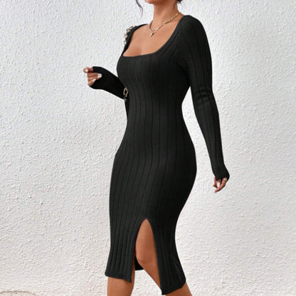 Abito Donna in Maglia a Maniche Lunghe con Collo Quadrato
