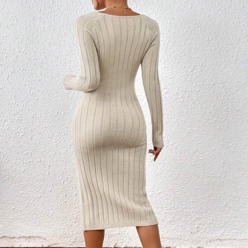 Abito Donna in Maglia a Maniche Lunghe con Collo Quadrato