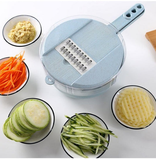 Mandolina 8 in 1 Multifunzione – Affettaverdure, Grattugia, Pela Patate, Tagliaverdure con Cestello Scolapasta