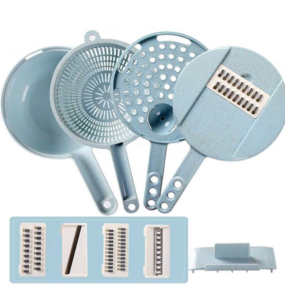 Mandolina 8 in 1 Multifunzione – Affettaverdure, Grattugia, Pela Patate, Tagliaverdure con Cestello Scolapasta