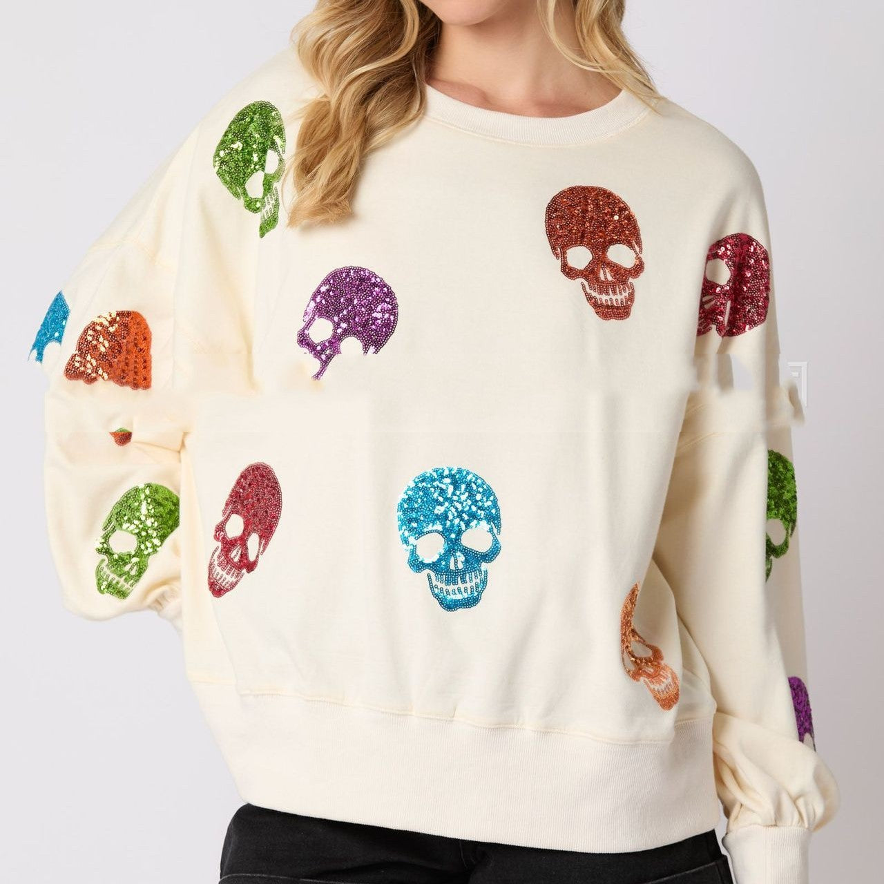 Maglione Donna Halloween con Teschio Paillettato – Vestibilità Ampia