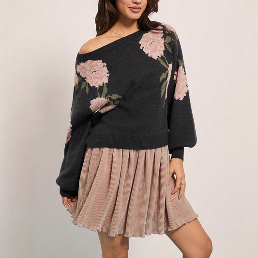 Maglione Donna Casual Oversize – Spalle Scoperte con Motivo Floreale Jacquard