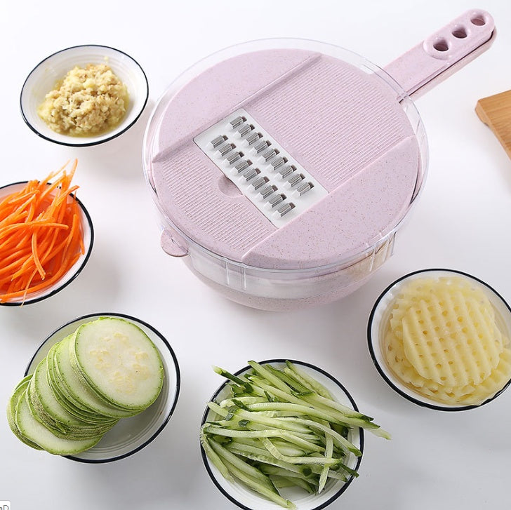 Mandolina 8 in 1 Multifunzione – Affettaverdure, Grattugia, Pela Patate, Tagliaverdure con Cestello Scolapasta