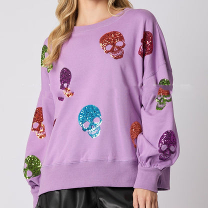 Maglione Donna Halloween con Teschio Paillettato – Vestibilità Ampia