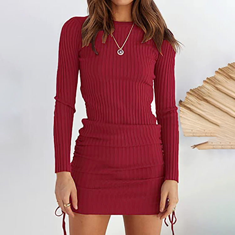 Abito Donna Casual in Maglia con Pieghe, Coulisse in Vita e Maniche Lunghe