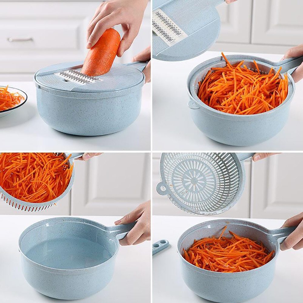 Mandolina 8 in 1 Multifunzione – Affettaverdure, Grattugia, Pela Patate, Tagliaverdure con Cestello Scolapasta