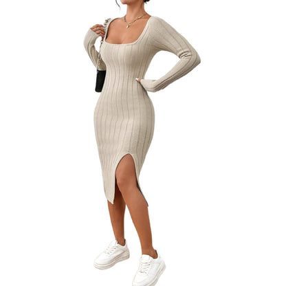 Abito Donna in Maglia a Maniche Lunghe con Collo Quadrato