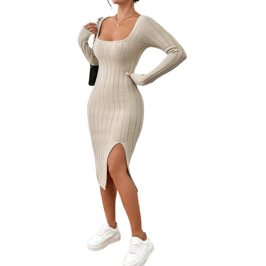 Abito Donna in Maglia a Maniche Lunghe con Collo Quadrato