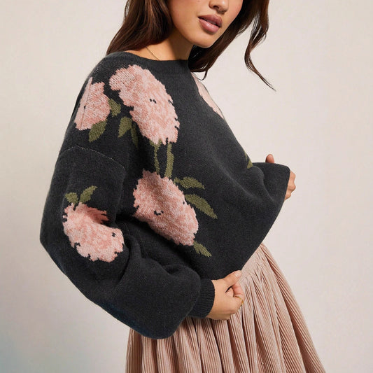 Maglione Donna Casual Oversize – Spalle Scoperte con Motivo Floreale Jacquard