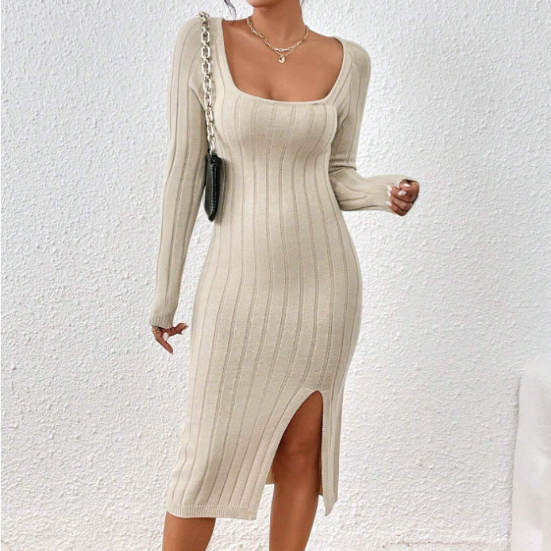Abito Donna in Maglia a Maniche Lunghe con Collo Quadrato