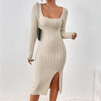Abito Donna in Maglia a Maniche Lunghe con Collo Quadrato