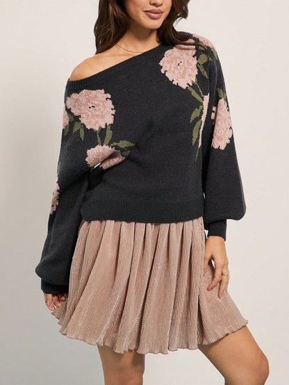 Maglione Donna Casual Oversize – Spalle Scoperte con Motivo Floreale Jacquard