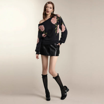 Maglione Donna Casual Oversize – Spalle Scoperte con Motivo Floreale Jacquard